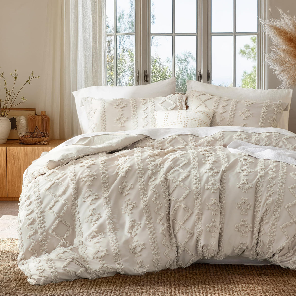 Bedsure Boho Duvet Cover Queen, Tufted Embroidery, 3-Piece, Beige