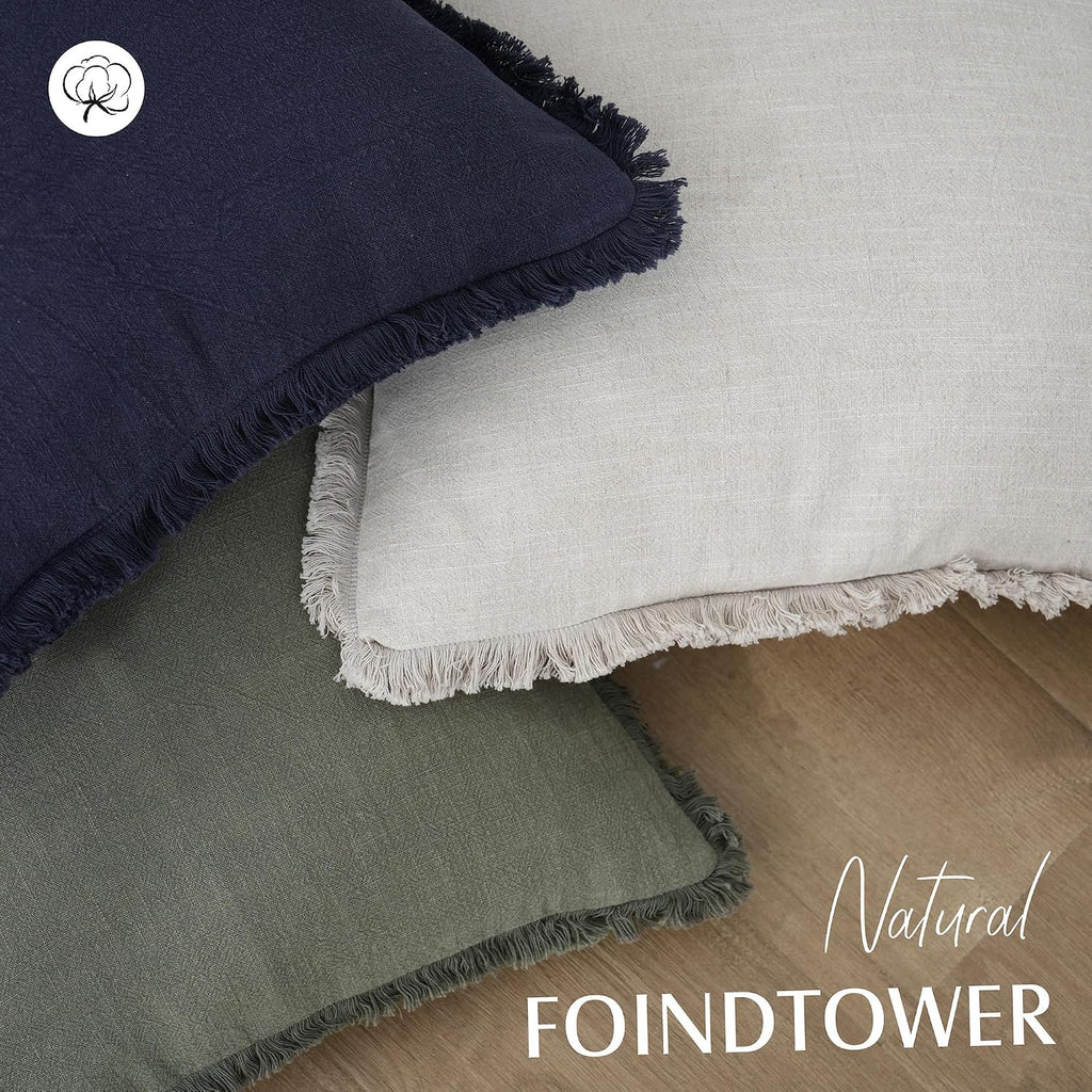 Foindtower Decorative Linen Fringe Throw Pillow Covers 20×20 Olive Green