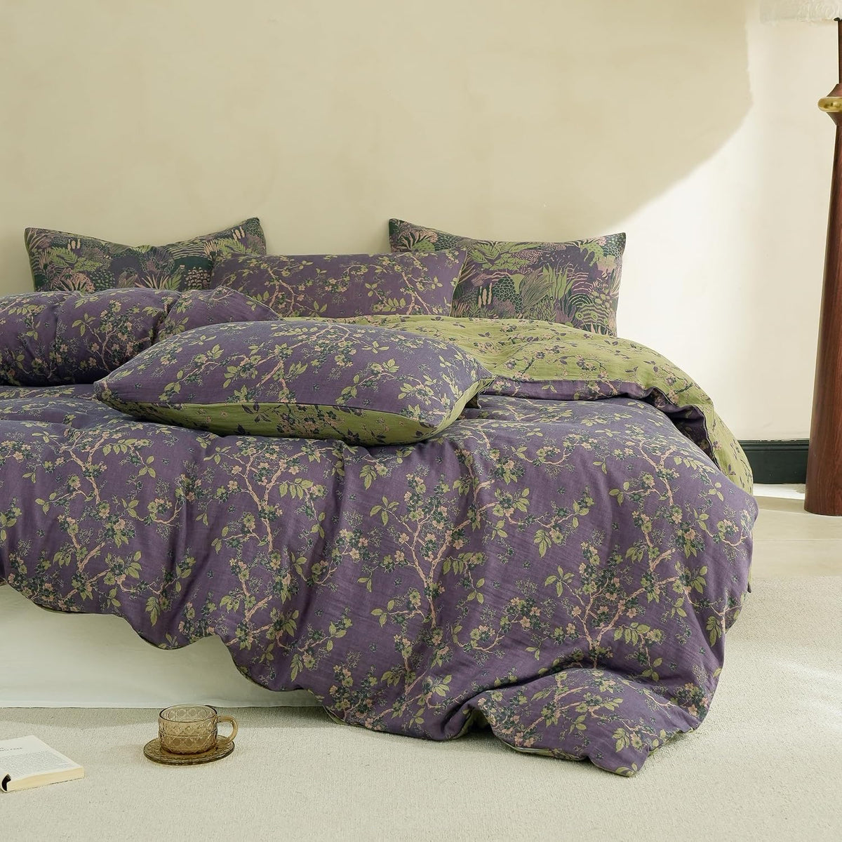 Simple&Opulence Muslin Duvet Cover Set Queen Size, 100% Washed Cotton 3 Pieces Yarn-Dyed Vintage Purple Floral Jacquard Textured Bedding, Soft & Breathable Gauze Comforter Cover with Zipper Closure