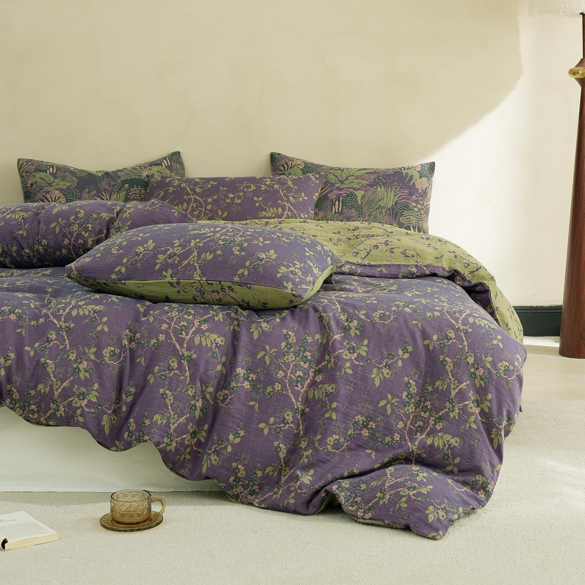 Simple&Opulence Muslin Duvet Cover Set Queen Size, 100% Washed Cotton 3 Pieces Yarn-Dyed Vintage Purple Floral Jacquard Textured Bedding, Soft & Breathable Gauze Comforter Cover with Zipper Closure
