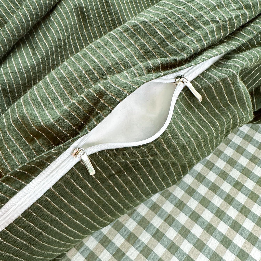 PinkMemory Green Striped Duvet Cover Queen 100% Washed Cotton Olive Green Stripes Duvet Cover Set Full 3pcs Pinstripe Pattern Bedding Set with Zipper Closure Corner Ties,Soft Breathable