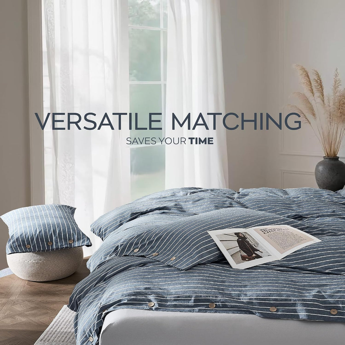 JELLYMONI 100% Washed Cotton Striped Duvet Cover Set King, Linen-Like