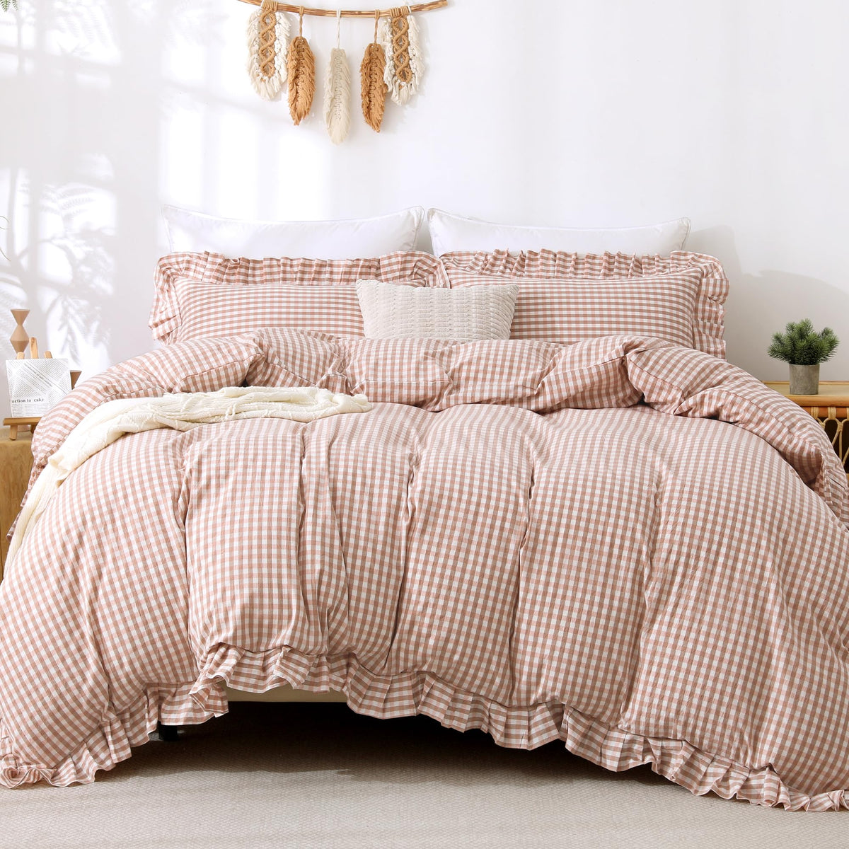 ATsense Tan Gingham Ruffle Duvet Cover Bedding Set Cotton Like Linen, Queen