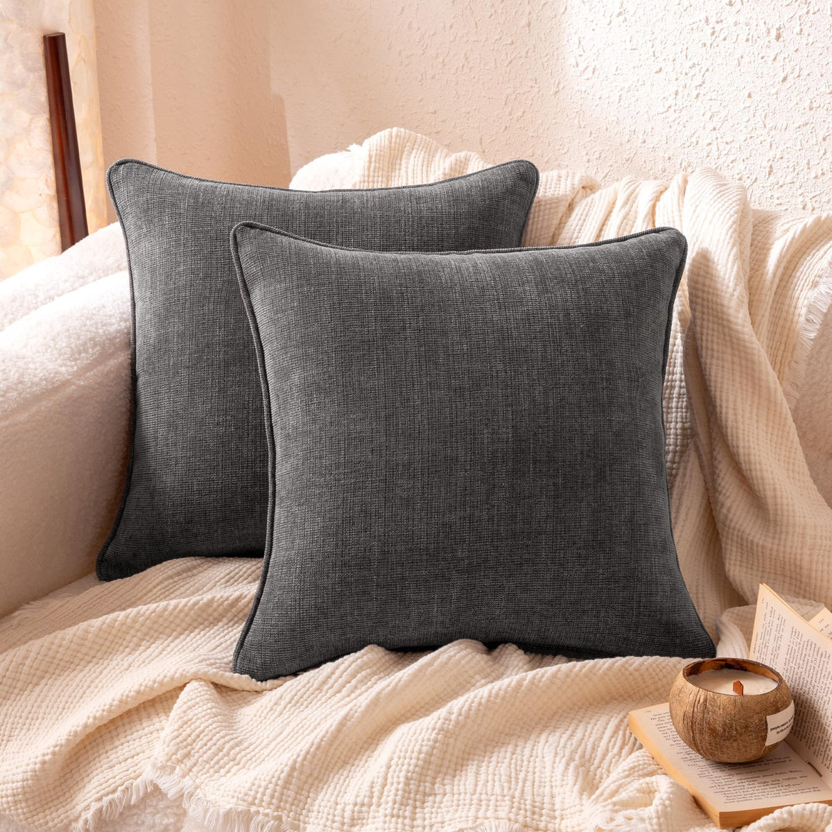 Amazon Basics Faux Linen Throw Pillow Covers with Hidden Zipper Closure, 18 × 18in, White, Pack of 2