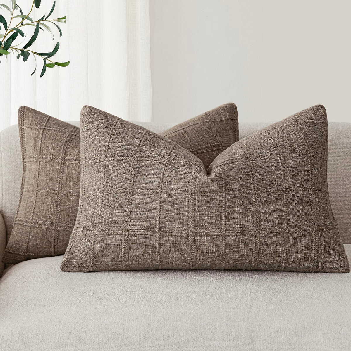Foindtower Boho Linen Check Decorative Throw Pillow Cover 18×18 Olive Green