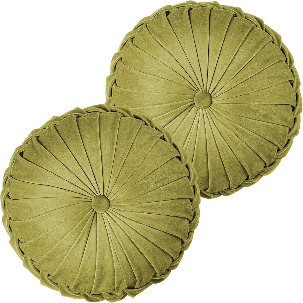 ROSE&RISY Round Pleated Velvet Throw Pillow, 2 Pack Decorative Accent Pumpkin Pillow Cushion for Couch Sofa Bed, Soft Plush Retro Vanity Throw Pillows for Home Decor, 14.5 Inch, Olive Green