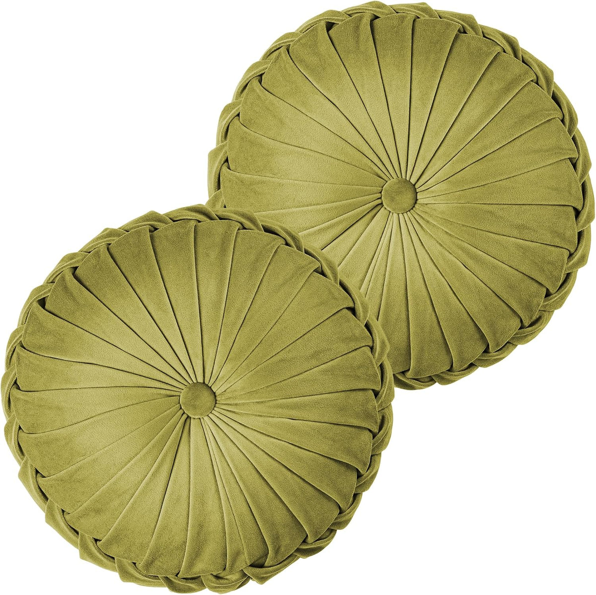 ROSE&RISY Round Pleated Velvet Throw Pillow, 2 Pack Decorative Accent Pumpkin Pillow Cushion for Couch Sofa Bed, Soft Plush Retro Vanity Throw Pillows for Home Decor, 14.5 Inch, Olive Green