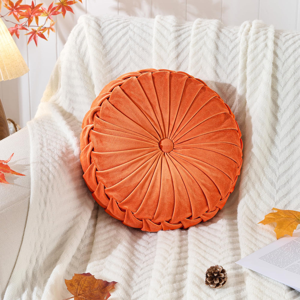 ROSE&RISY Round Pleated Velvet Throw Pillow, 2 Pack Decorative Accent Pumpkin Pillow Cushion for Couch Sofa Bed, Soft Plush Retro Vanity Throw Pillows for Home Decor, 14.5 Inch, Olive Green