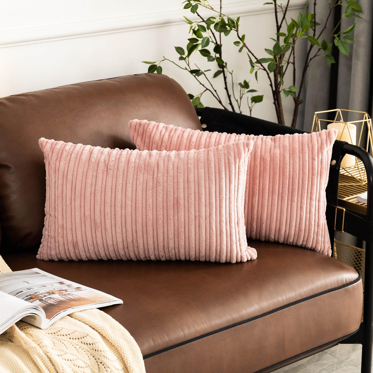 UGASA Velvet 12x20 Inch Lumbar Soft Throw Pillow Cover Boho Farmhouse Decorative Corduroy Striped Both Sides Solid Rectangular Cushion Case for Couch Bedroom Sofa Home, 1 Piece, Beige