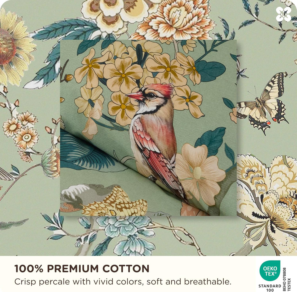 Bedsure PureWoven 100% Cotton Floral Duvet Cover Set, Queen, Green Garden