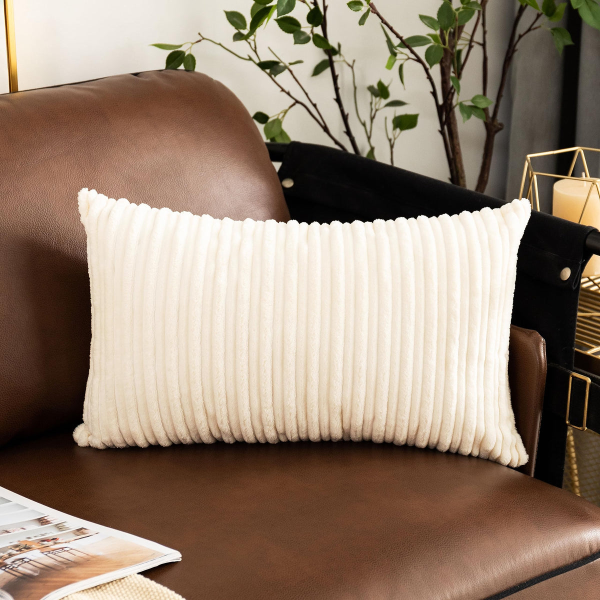 UGASA Velvet 12x20 Inch Lumbar Soft Throw Pillow Cover Boho Farmhouse Decorative Corduroy Striped Both Sides Solid Rectangular Cushion Case for Couch Bedroom Sofa Home, 1 Piece, Beige