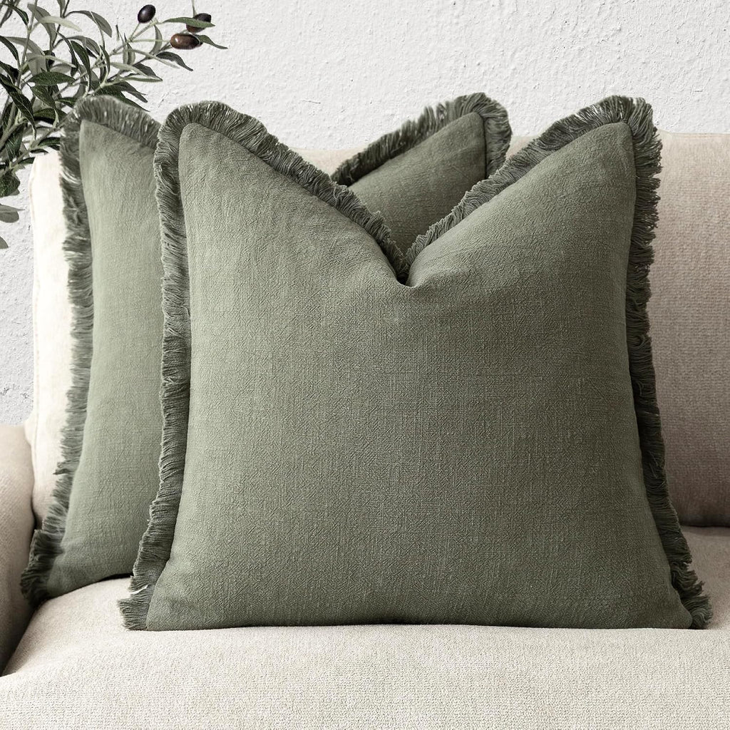 Foindtower Decorative Linen Fringe Throw Pillow Covers 20×20 Olive Green