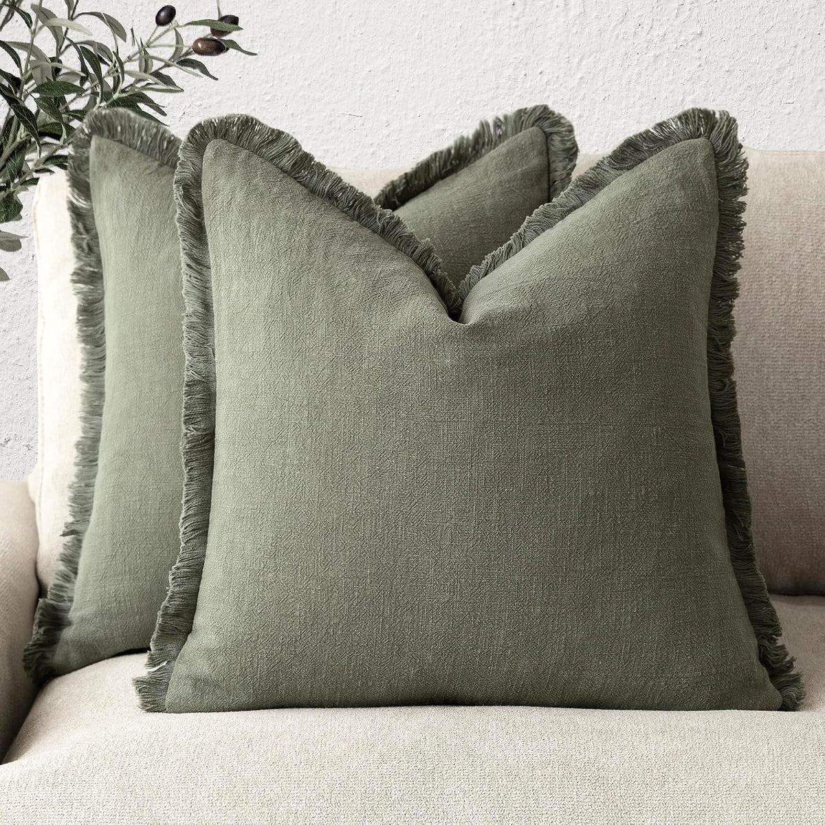 Foindtower Decorative Linen Fringe Throw Pillow Covers 20×20 Olive Green