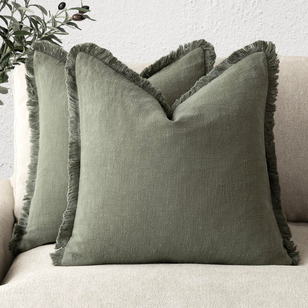 Foindtower Decorative Linen Fringe Throw Pillow Covers 20×20 Olive Green