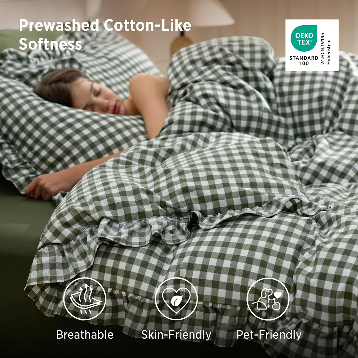 Bedsure Gingham Ruffle Duvet Cover Set, Queen, Cotton-Like Bed, Olive Green