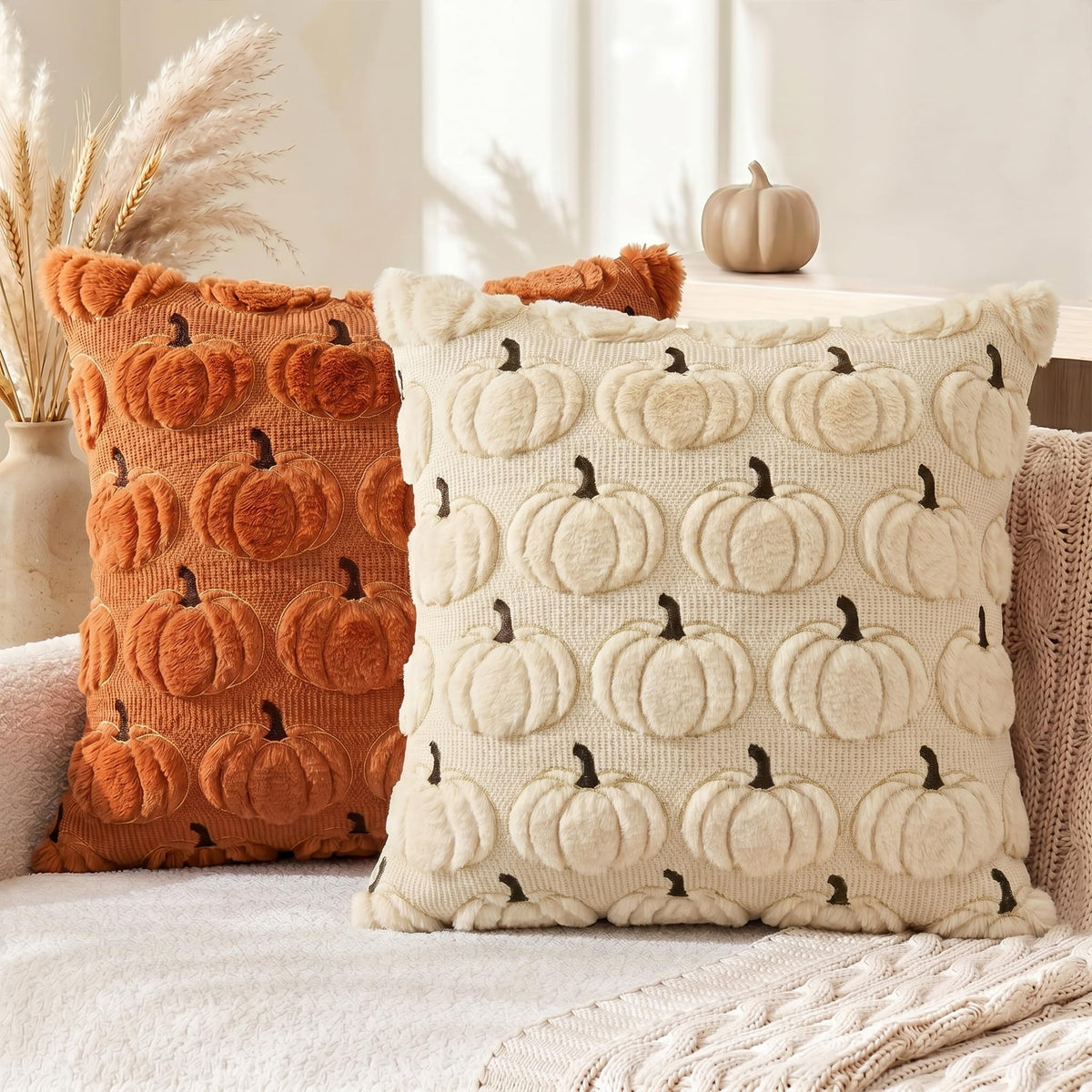 AVOIN colorlife Beige Fall Pumpkin Throw Pillow Covers 18x18 Inch