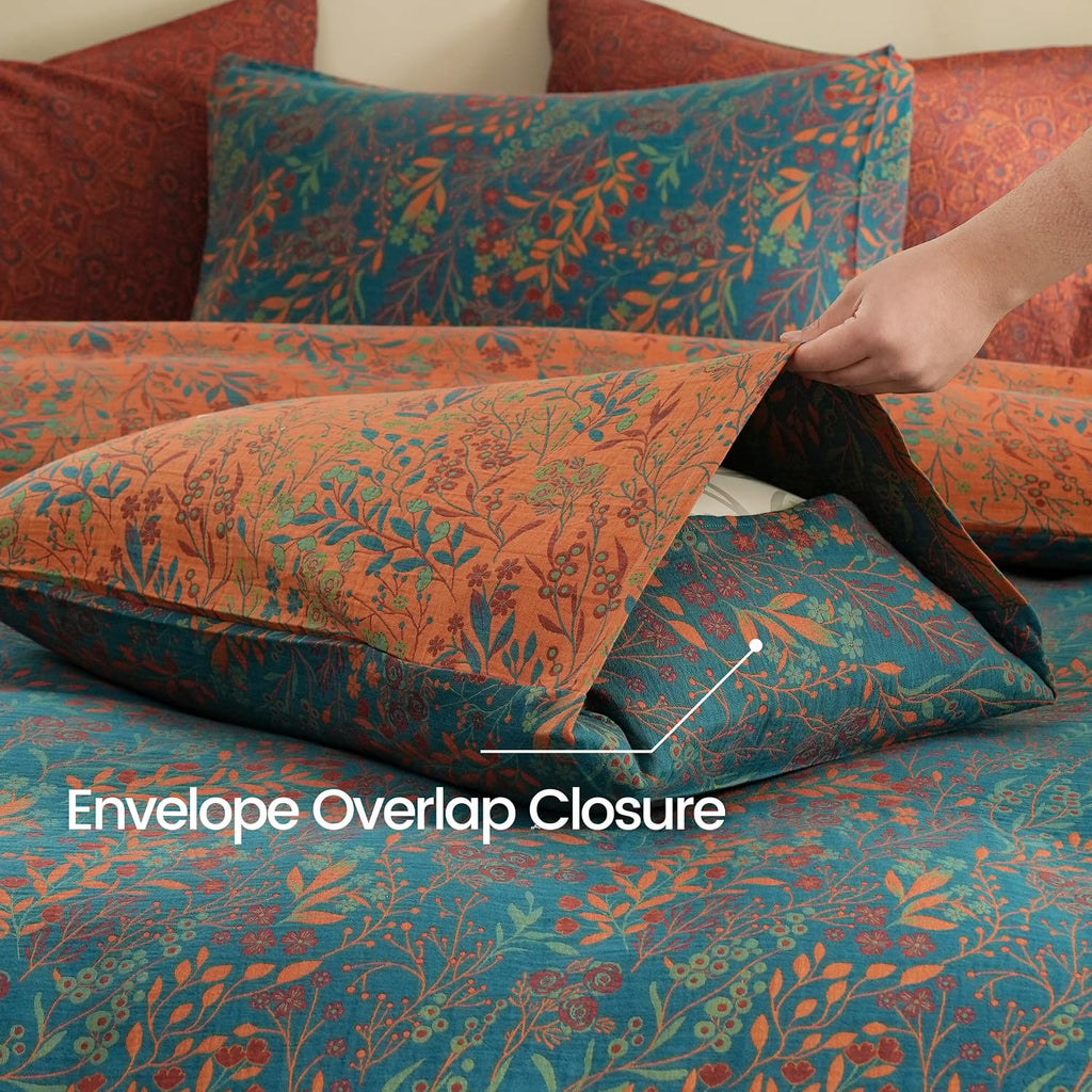 BISELINA 100% Cotton Muslin Duvet Cover Set King, 3 Pcs Yarn-Dyed Jacquard Textured Reversible Floral Design, Soft and Breathable Bedding Set with Zipper Closure, Blue Orange