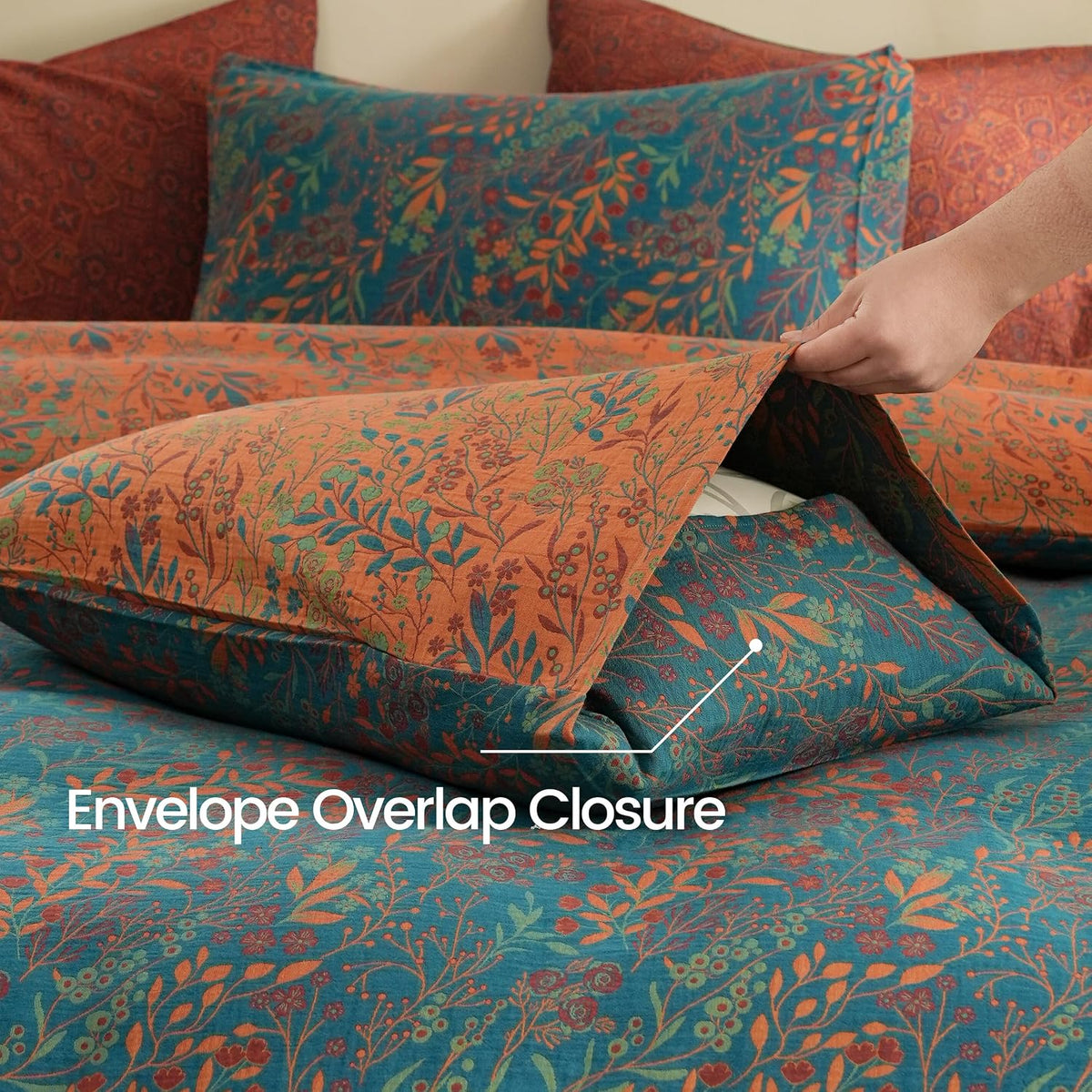 BISELINA 100% Cotton Muslin Duvet Cover Set King, 3 Pcs Yarn-Dyed Jacquard Textured Reversible Floral Design, Soft and Breathable Bedding Set with Zipper Closure, Blue Orange