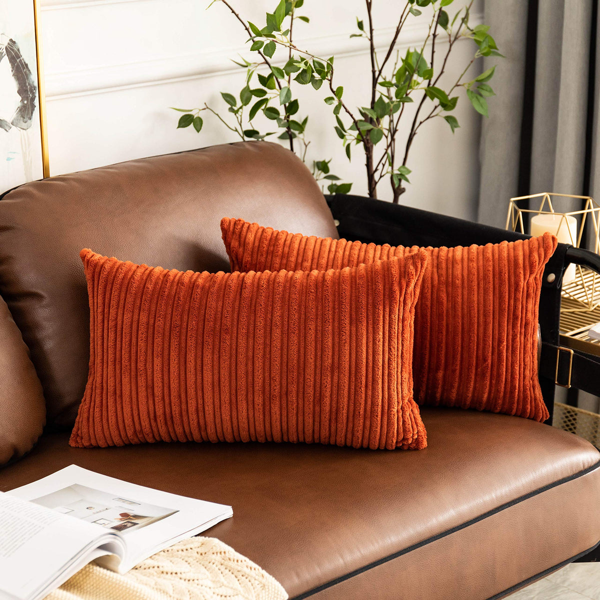 UGASA Velvet 12x20 Inch Lumbar Soft Throw Pillow Cover Boho Farmhouse Decorative Corduroy Striped Both Sides Solid Rectangular Cushion Case for Couch Bedroom Sofa Home, 1 Piece, Beige