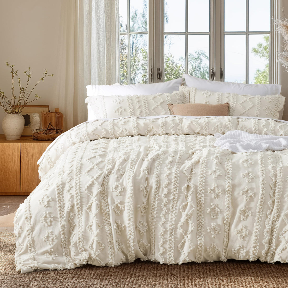 Bedsure Boho Duvet Cover Queen, Tufted Embroidery, 3-Piece, Beige
