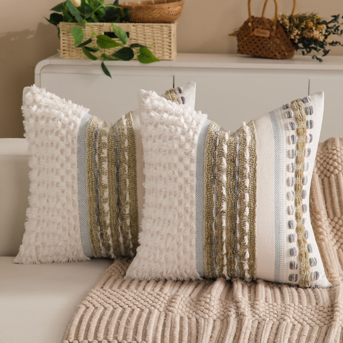 Boho Chenille Tufted Couch Throw Pillow Covers 18x18 Inch Set of 2 Farmhouse Striped Decorative Pillow Covers Accent Neutral Pillowcase Teal Cushion Cover for Living Room Sofa Bed