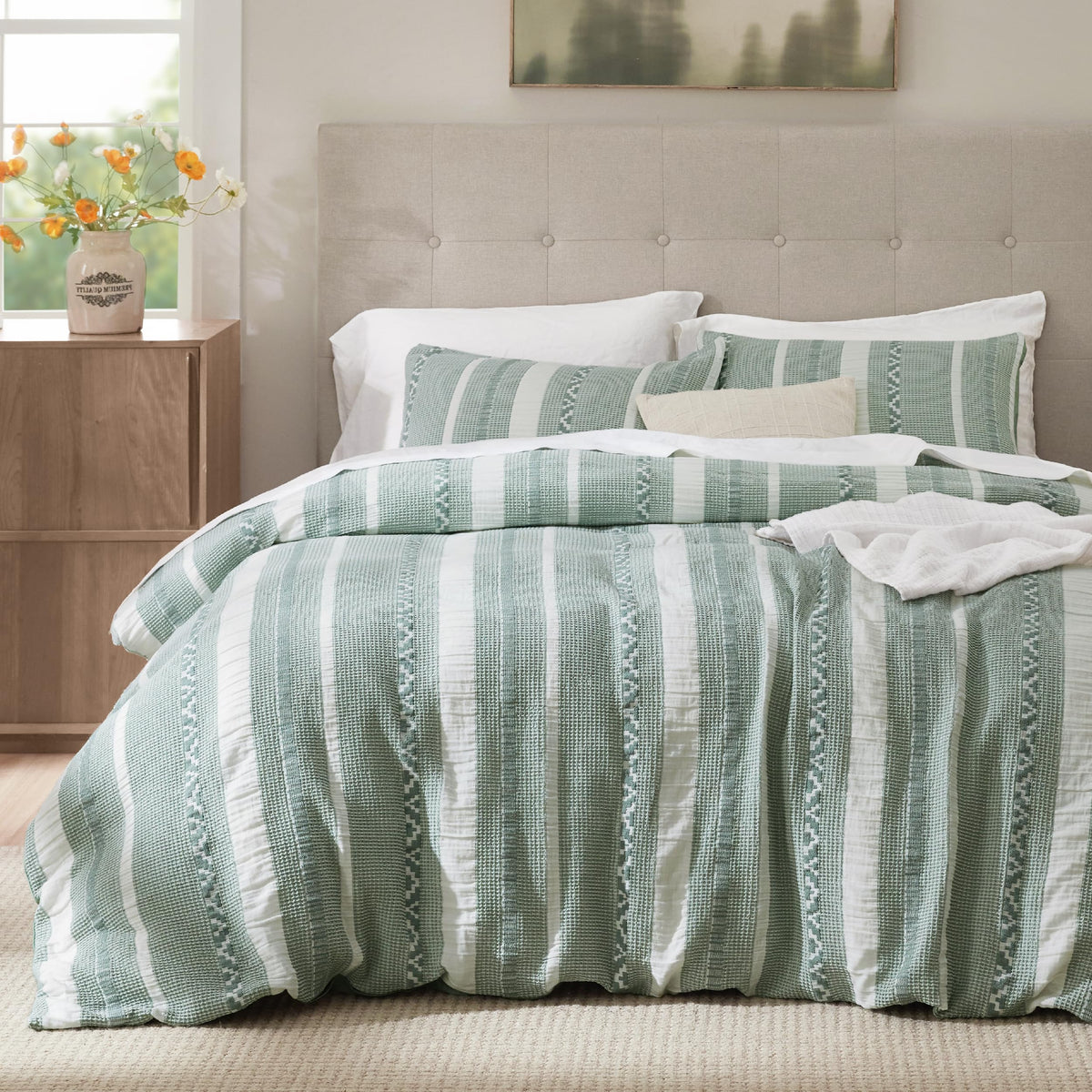 Bedsure PureWoven 3 Pieces 100% Cotton Waffle Duvet Cover Set, King, Linen
