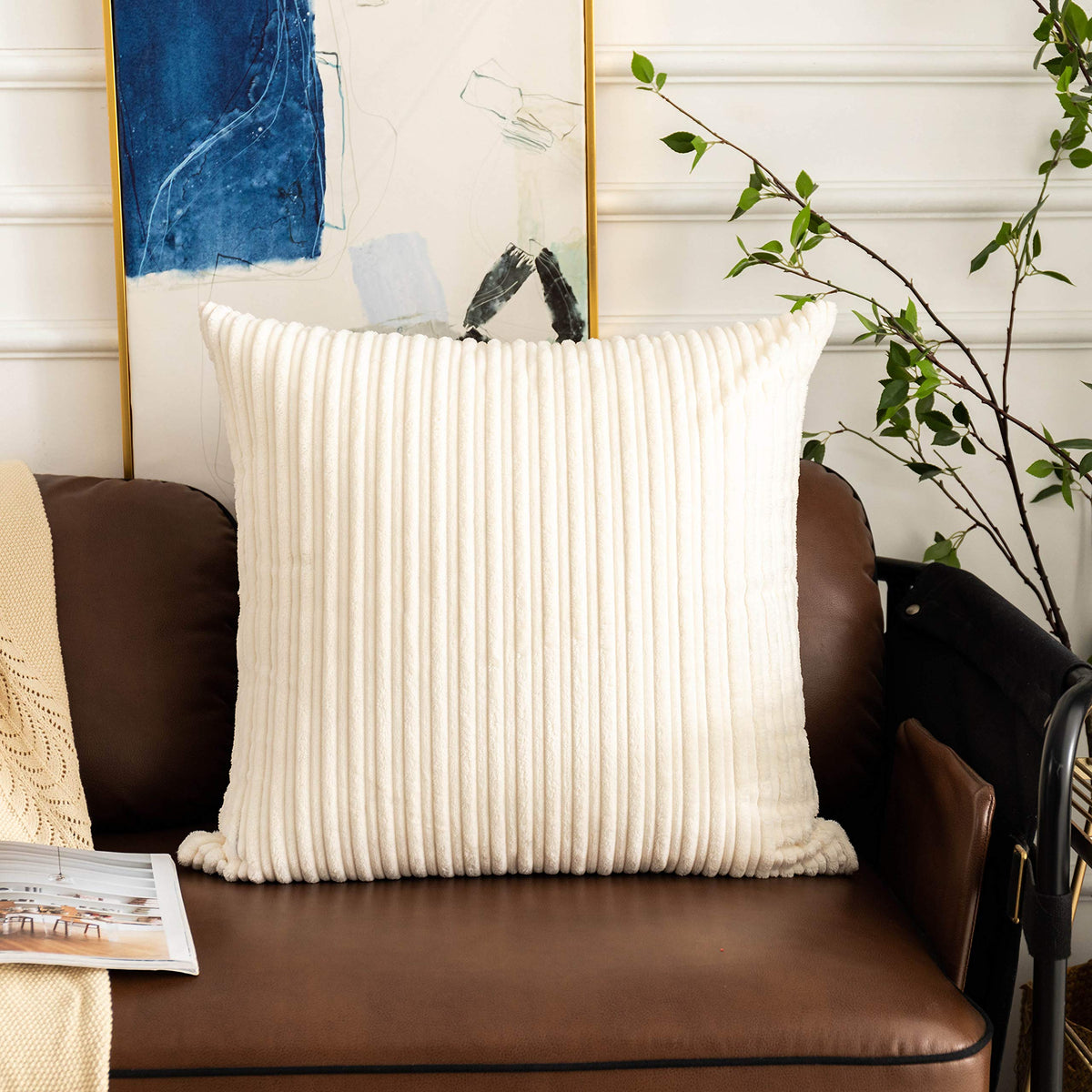 UGASA Velvet 12x20 Inch Lumbar Soft Throw Pillow Cover Boho Farmhouse Decorative Corduroy Striped Both Sides Solid Rectangular Cushion Case for Couch Bedroom Sofa Home, 1 Piece, Beige