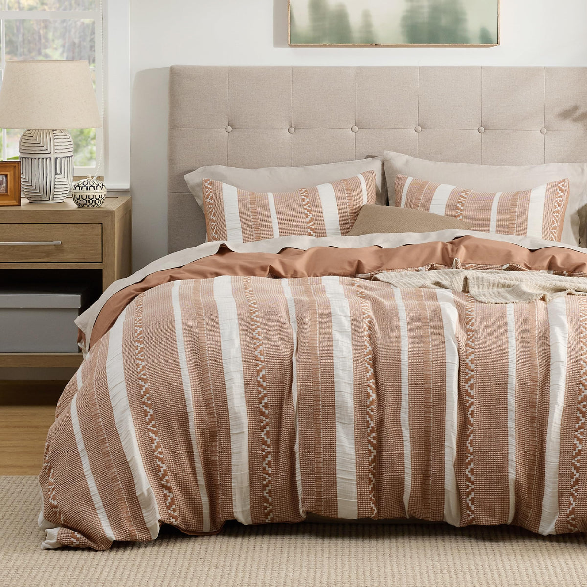 Bedsure PureWoven 3 Pieces 100% Cotton Waffle Duvet Cover Set, King, Linen