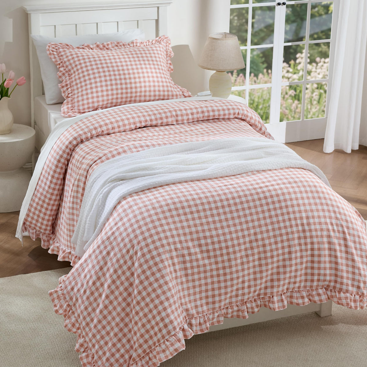 Bedsure Gingham Ruffle Duvet Cover Set, Queen, Cotton-Like Bed, Olive Green