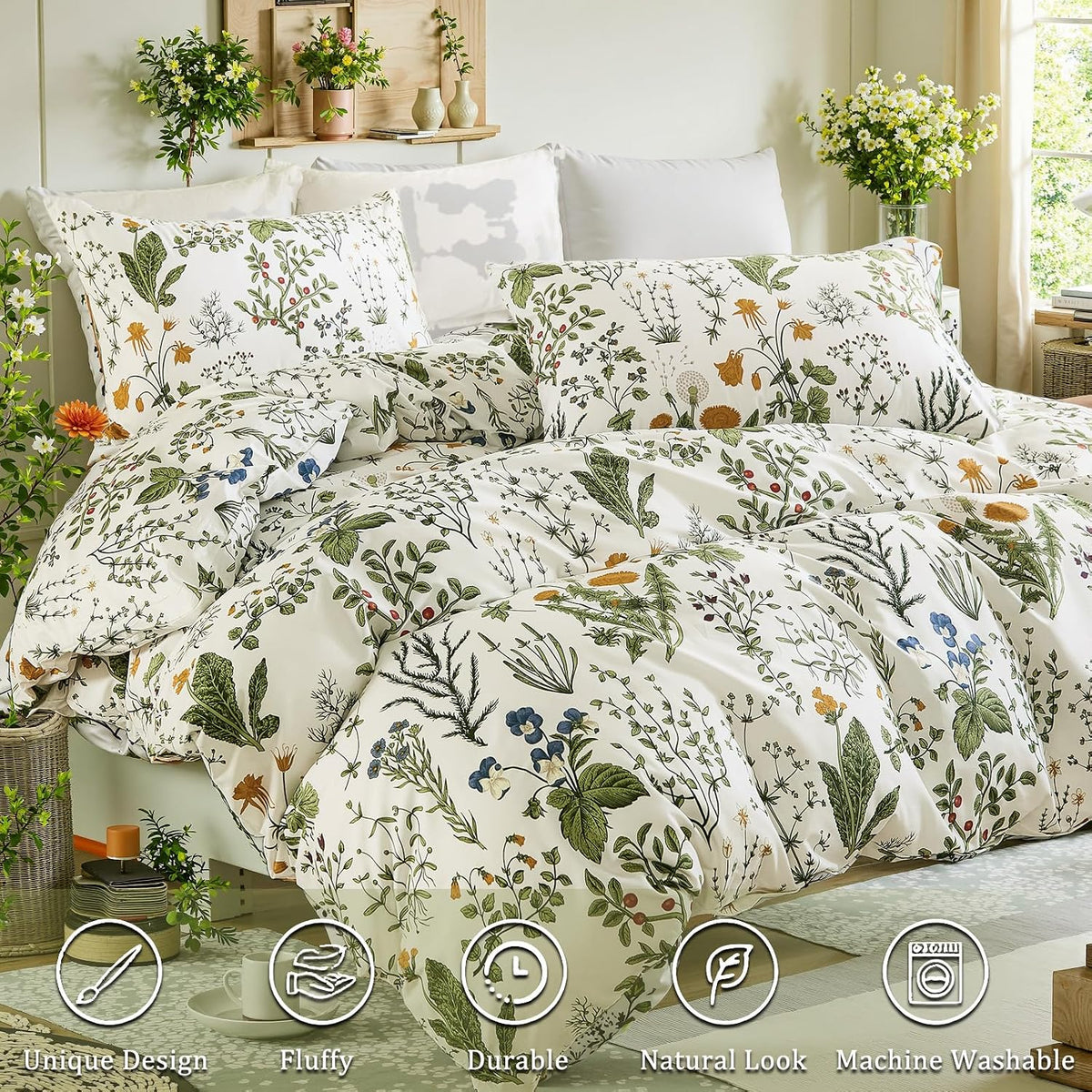 Duvet Cover Queen Size - 100% Cotton Reversible Floral Queen Duvet Cover Set with Zipper Closure, 3 Pieces Soft & Breathable Green Bedding Set for All Seasons