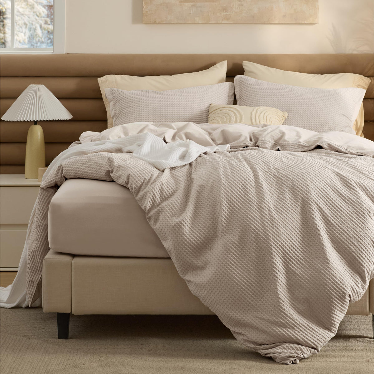 Bedsure PureWoven 3 Pieces 100% Cotton Waffle Duvet Cover Set, King, Linen