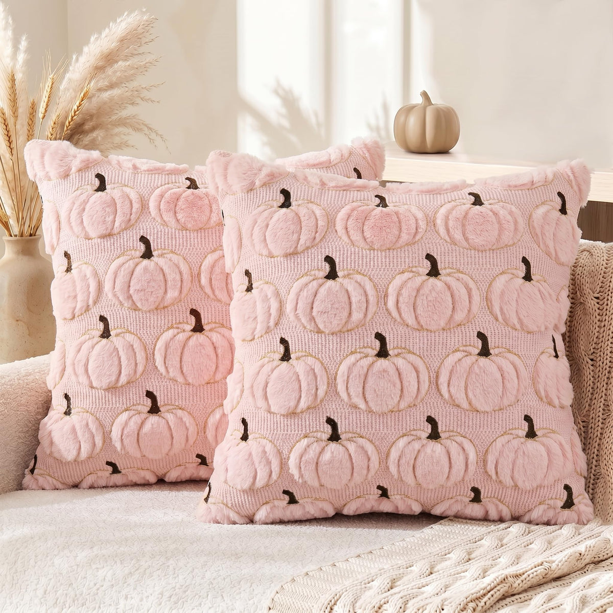 AVOIN colorlife Beige Fall Pumpkin Throw Pillow Covers 18x18 Inch