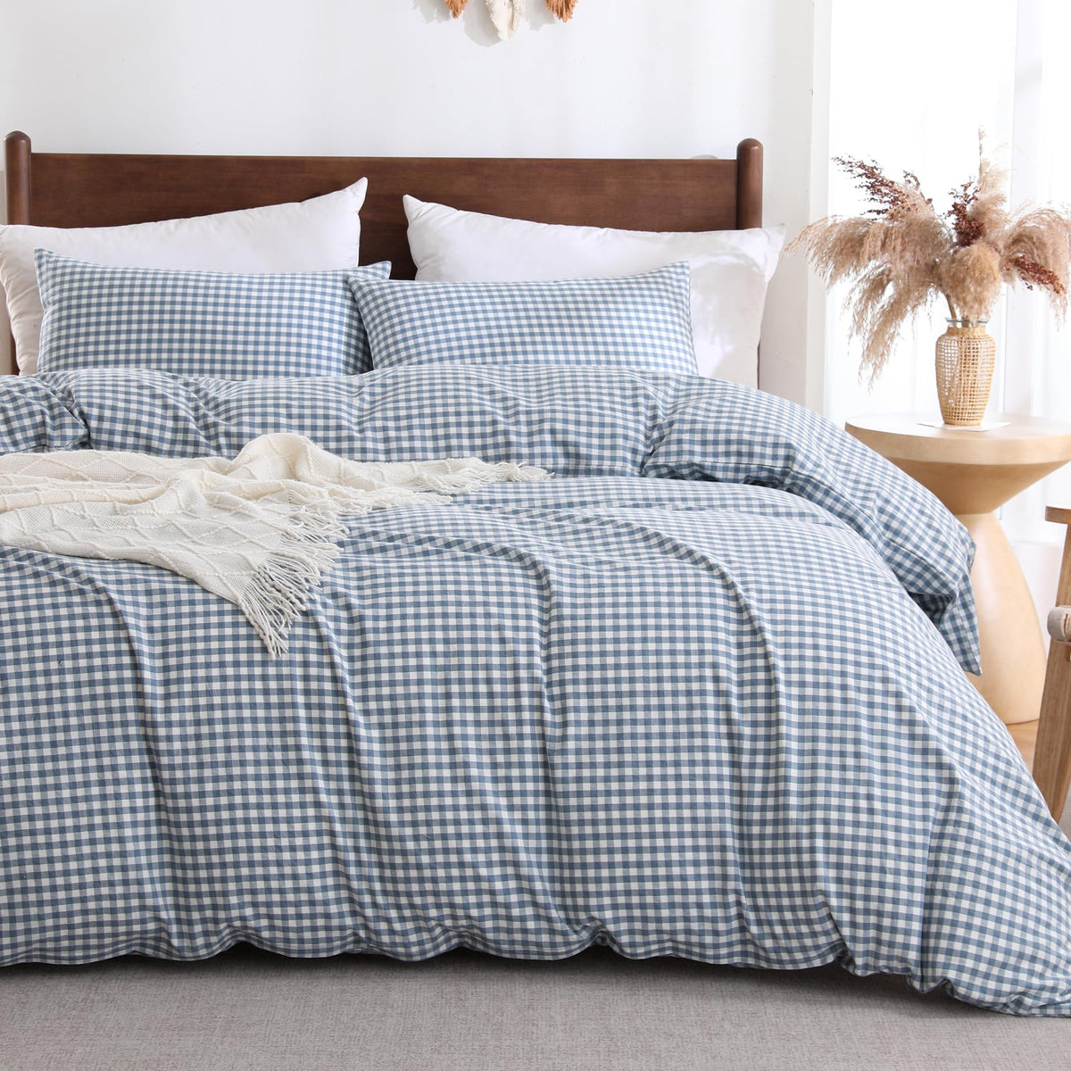Cotton Brown Gingham Duvet Cover Bedding Set Linen Like, Queen