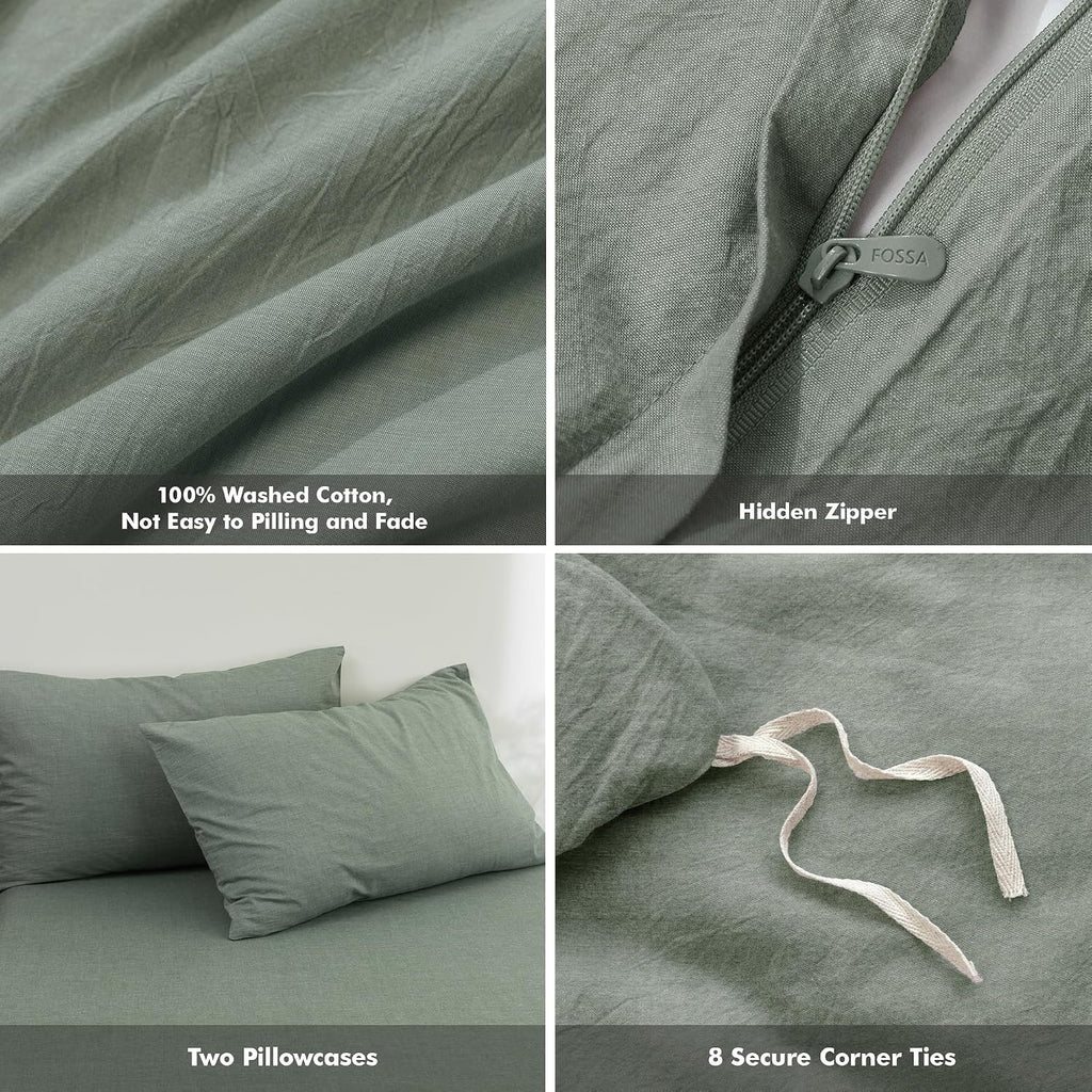 FOSSA Duvet Cover Set 100% Washed Cotton Linen Feel Queen