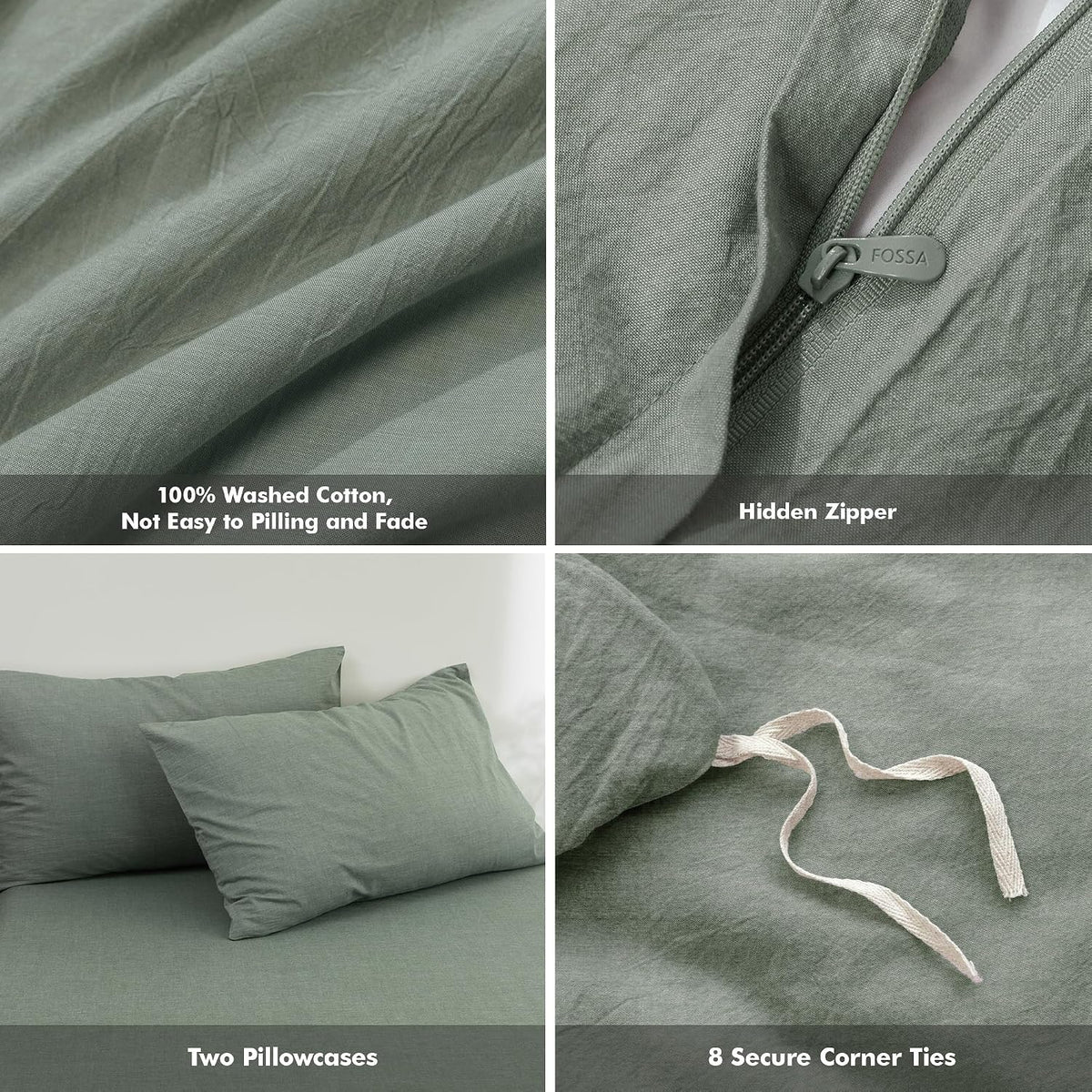 FOSSA Duvet Cover Set 100% Washed Cotton Linen Feel Queen