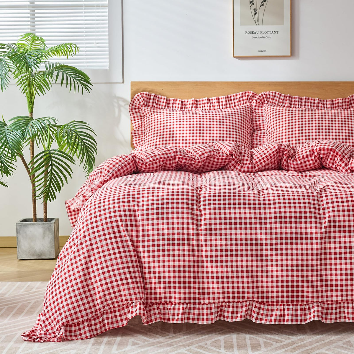 Gingham Duvet Cover Queen Size, 3 Pieces Soft Breathable Microfiber Plaid Duvet Cover with Zipper Closure & 2 Pillow Shams, Ruffle Farmhouse Vintage Decor, Sage Green
