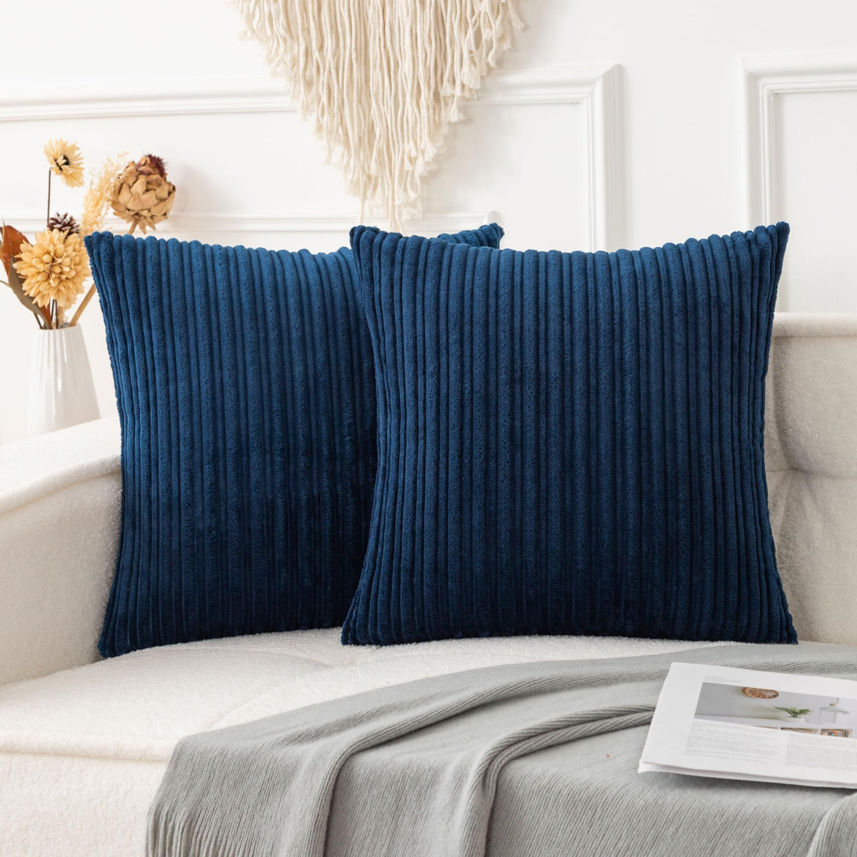 UGASA Velvet 12x20 Inch Lumbar Soft Throw Pillow Cover Boho Farmhouse Decorative Corduroy Striped Both Sides Solid Rectangular Cushion Case for Couch Bedroom Sofa Home, 1 Piece, Beige