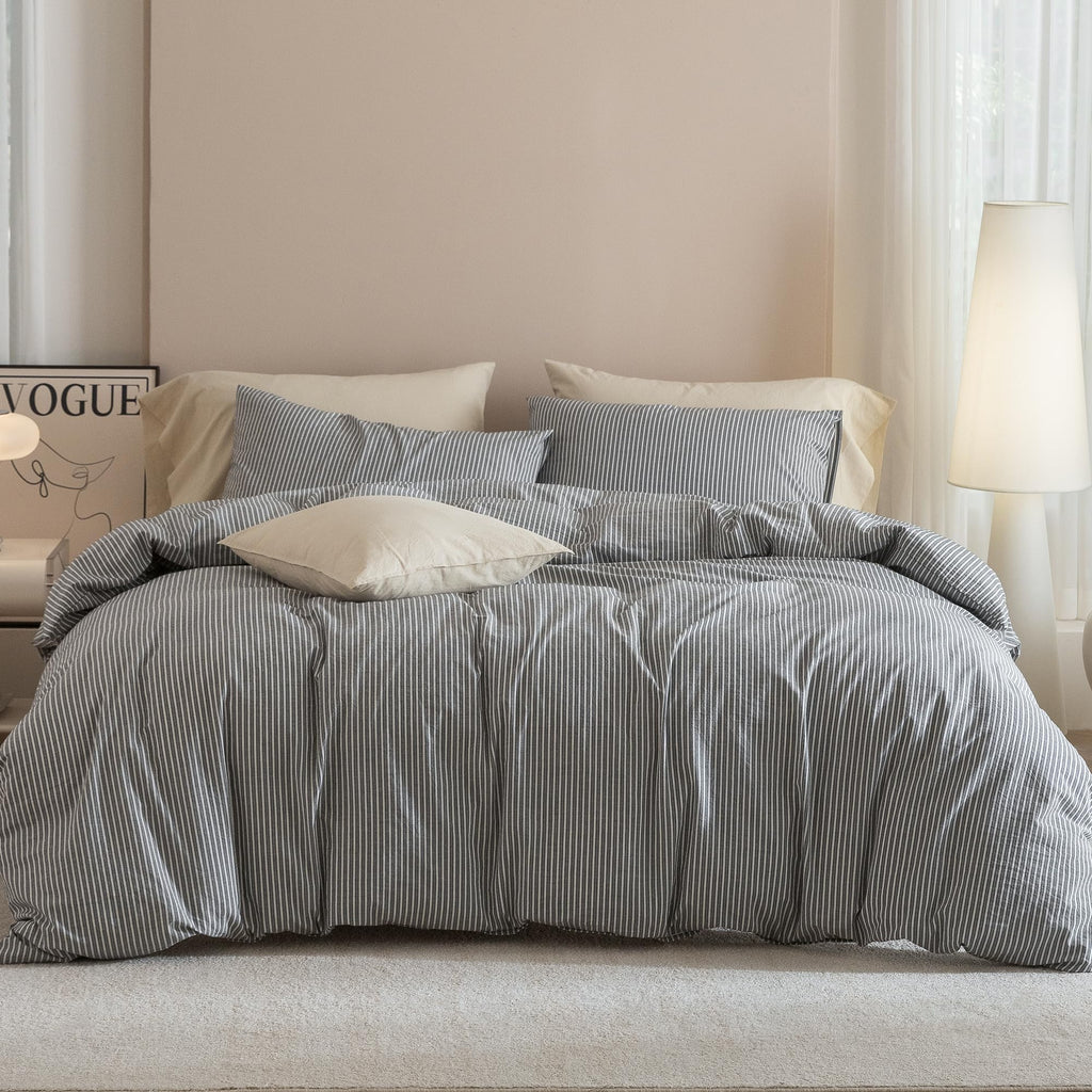 JIYUAN Queen Washed Cotton Duvet Cover Set, 3-Piece, Relaxed Linen Feel