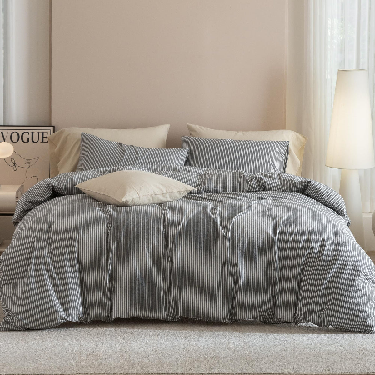 JIYUAN Queen Washed Cotton Duvet Cover Set, 3-Piece, Relaxed Linen Feel