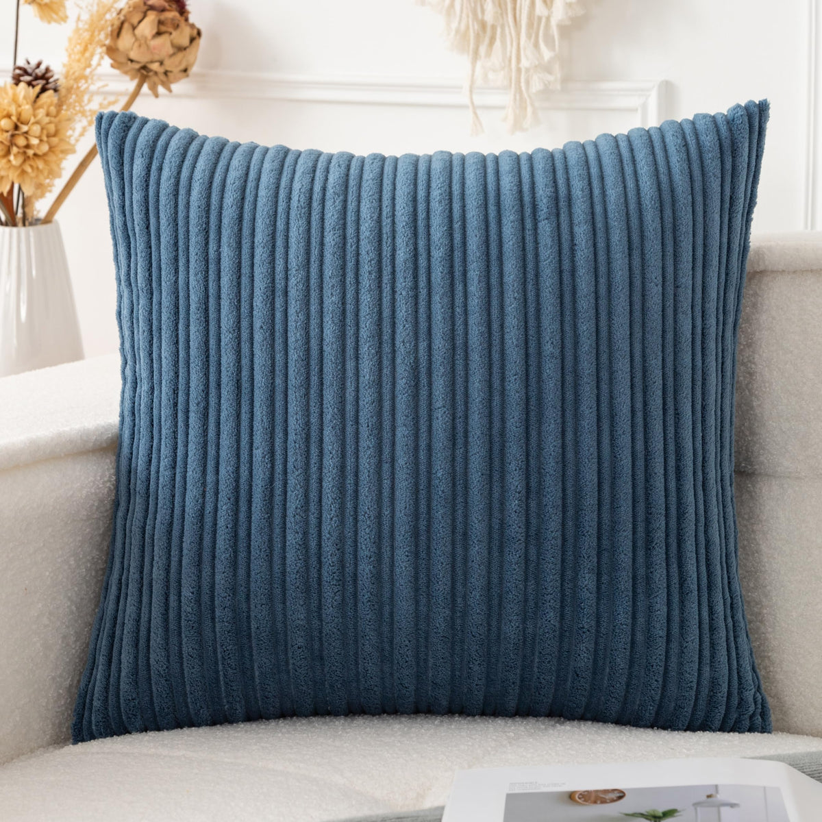 UGASA Velvet 12x20 Inch Lumbar Soft Throw Pillow Cover Boho Farmhouse Decorative Corduroy Striped Both Sides Solid Rectangular Cushion Case for Couch Bedroom Sofa Home, 1 Piece, Beige