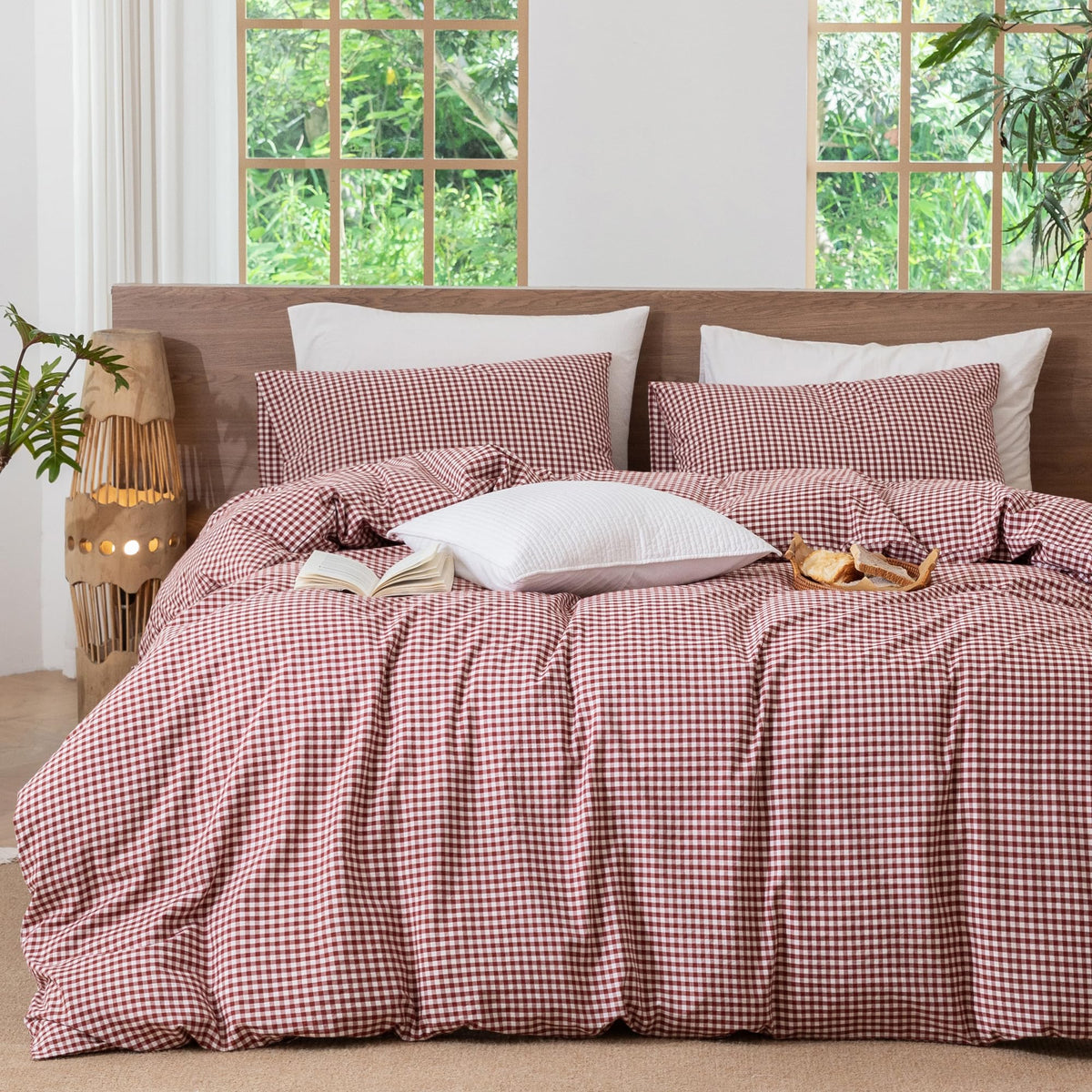 MooMee Gingham Duvet Cover Set 100% Washed Cotton Linen Like King