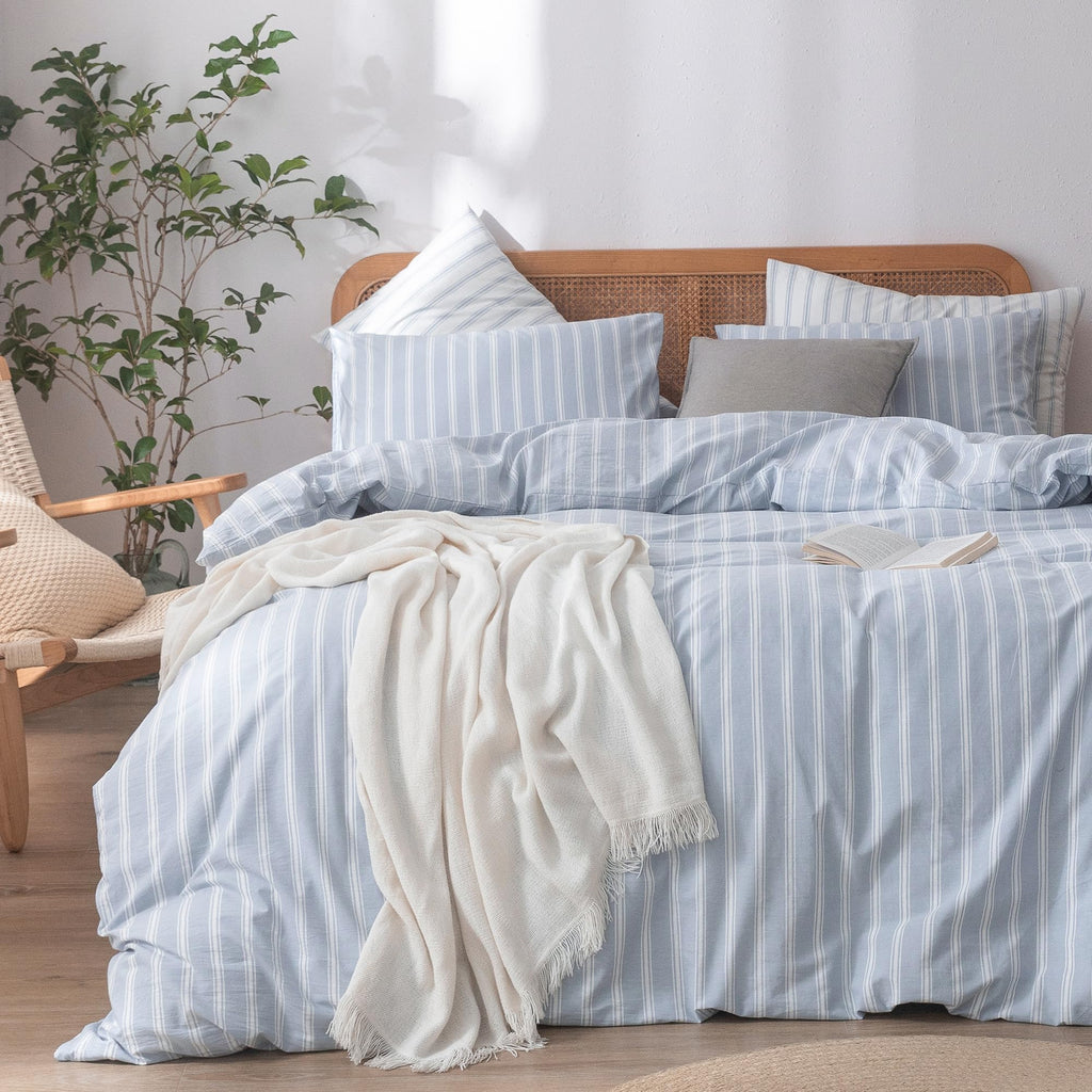 BESTOUCH Cotton Solid Duvet Cover Set Linen Feel Cornflower Blue King