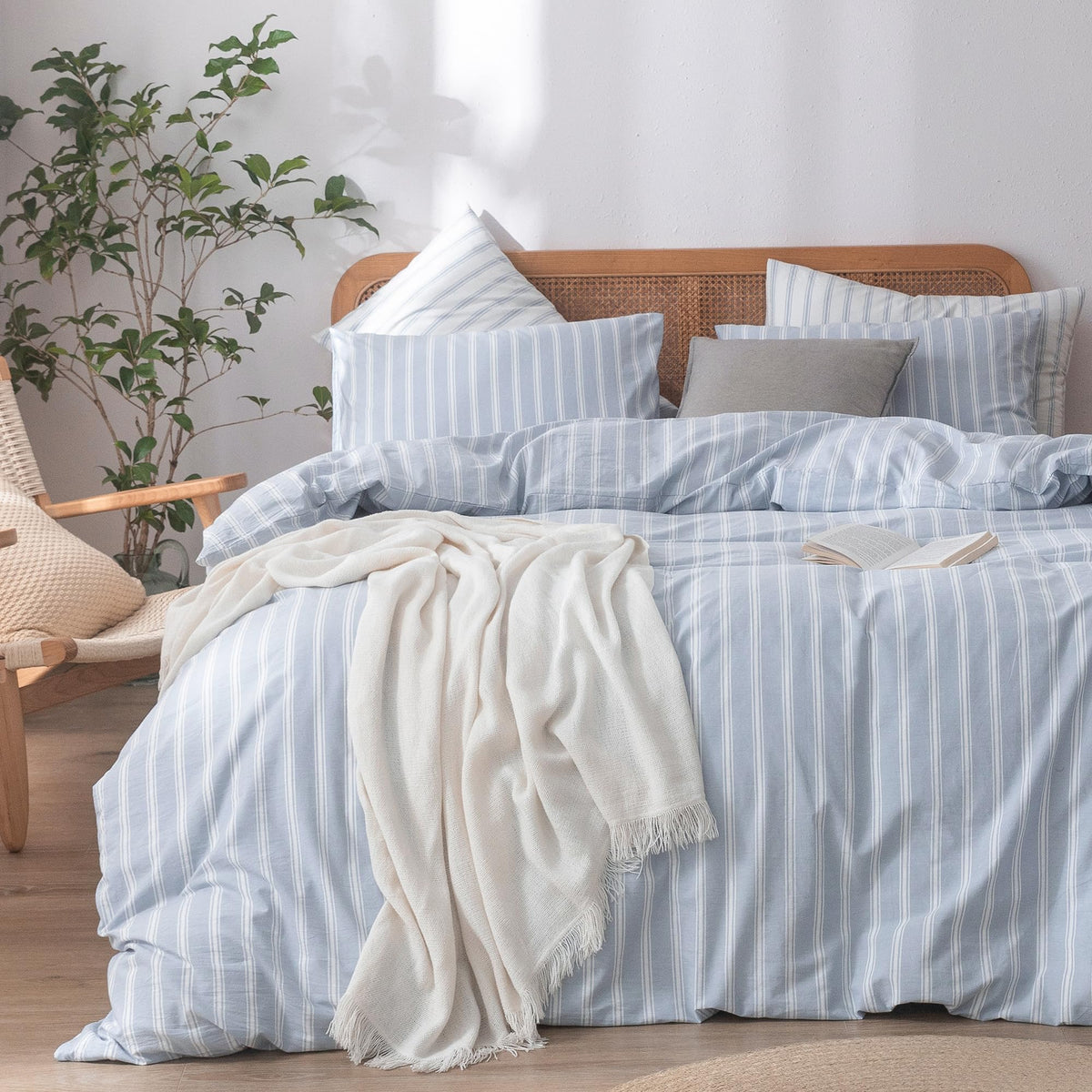 BESTOUCH Cotton Solid Duvet Cover Set Linen Feel Cornflower Blue King