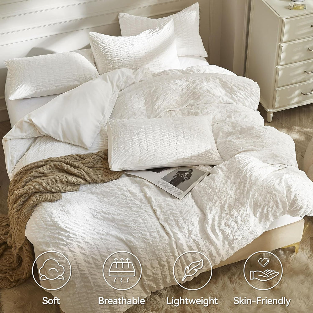 JELLYMONI White Seersucker Duvet Cover Set Queen Size