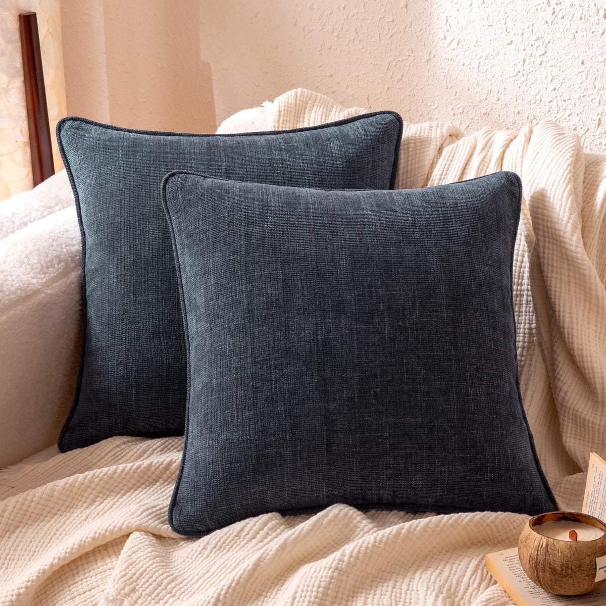 Amazon Basics Faux Linen Throw Pillow Covers with Hidden Zipper Closure, 18 × 18in, White, Pack of 2