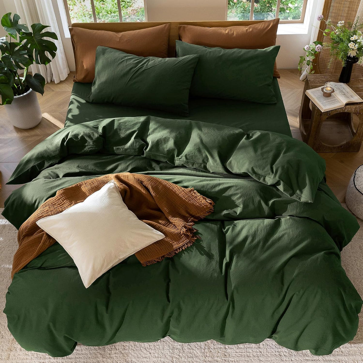 MooMee Duvet Cover Set 100% Washed Cotton Linen Like Queen