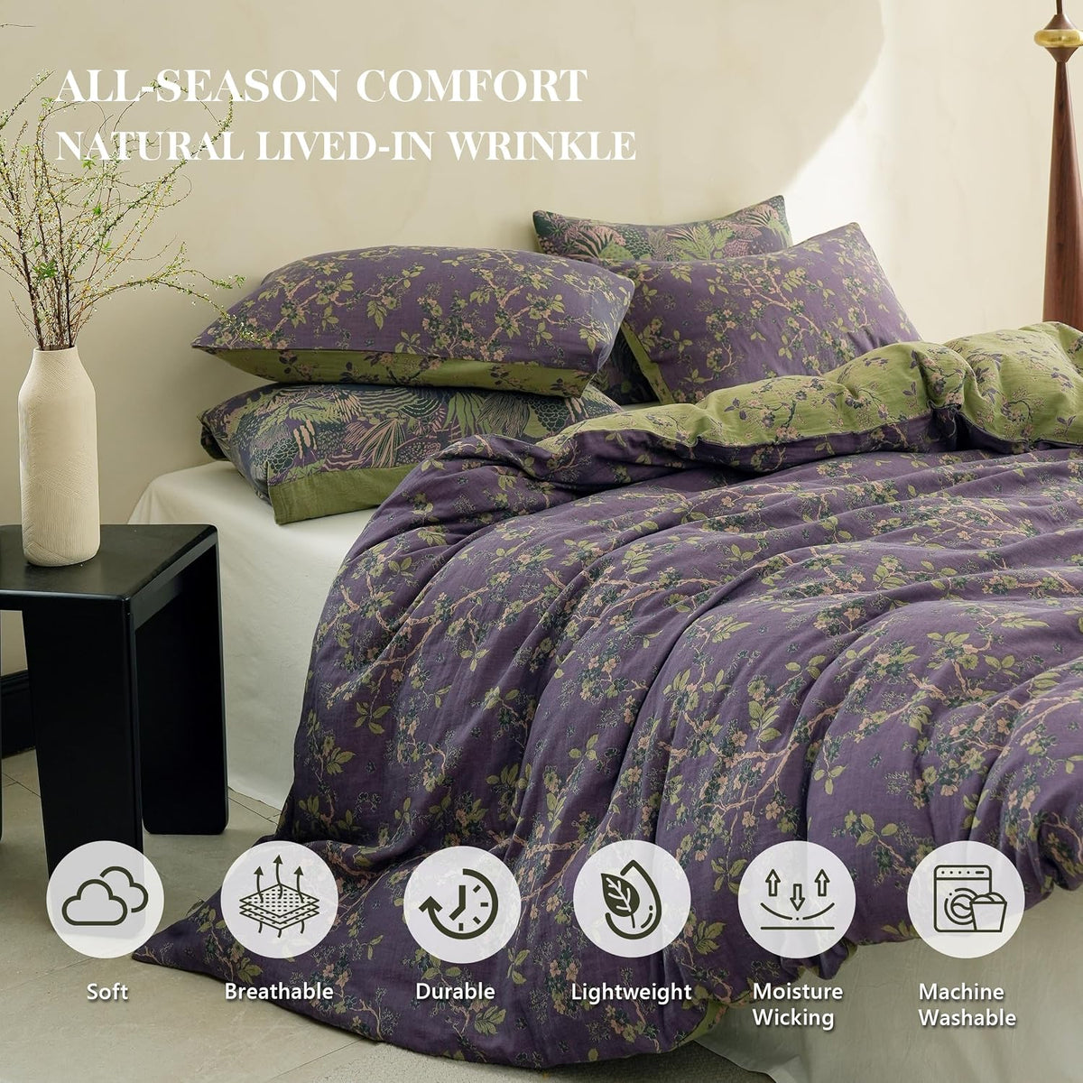 Simple&Opulence Muslin Duvet Cover Set Queen Size, 100% Washed Cotton 3 Pieces Yarn-Dyed Vintage Purple Floral Jacquard Textured Bedding, Soft & Breathable Gauze Comforter Cover with Zipper Closure