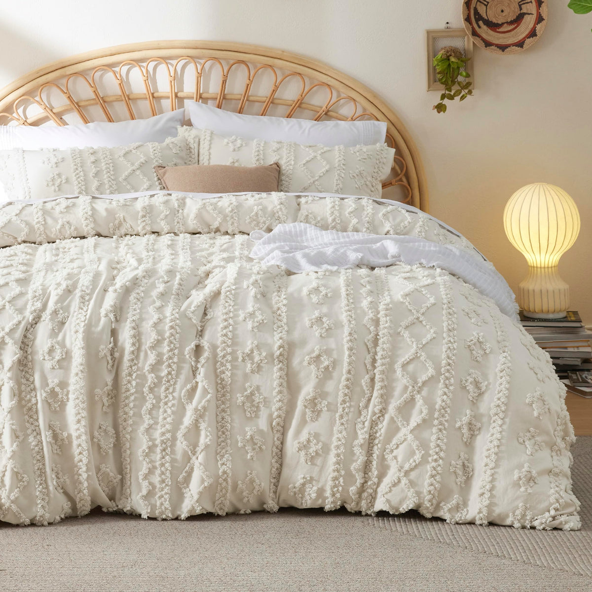 Bedsure Boho Cal King Duvet Cover, Tufted Embroidery, 3-Piece, Beige