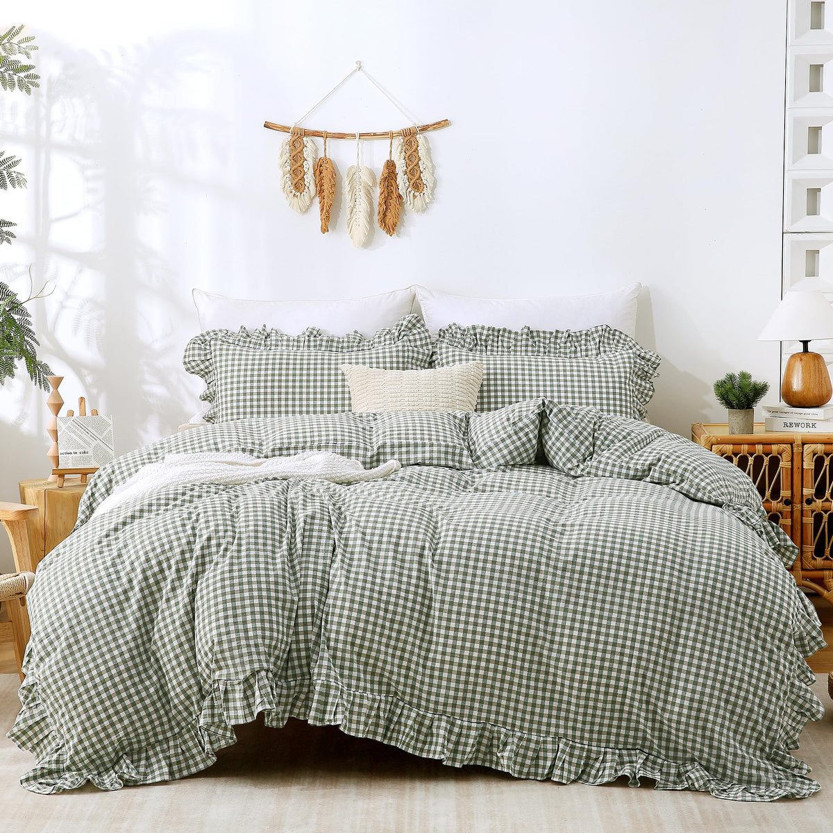 ATsense Tan Gingham Ruffle Duvet Cover Bedding Set Cotton Like Linen, Queen