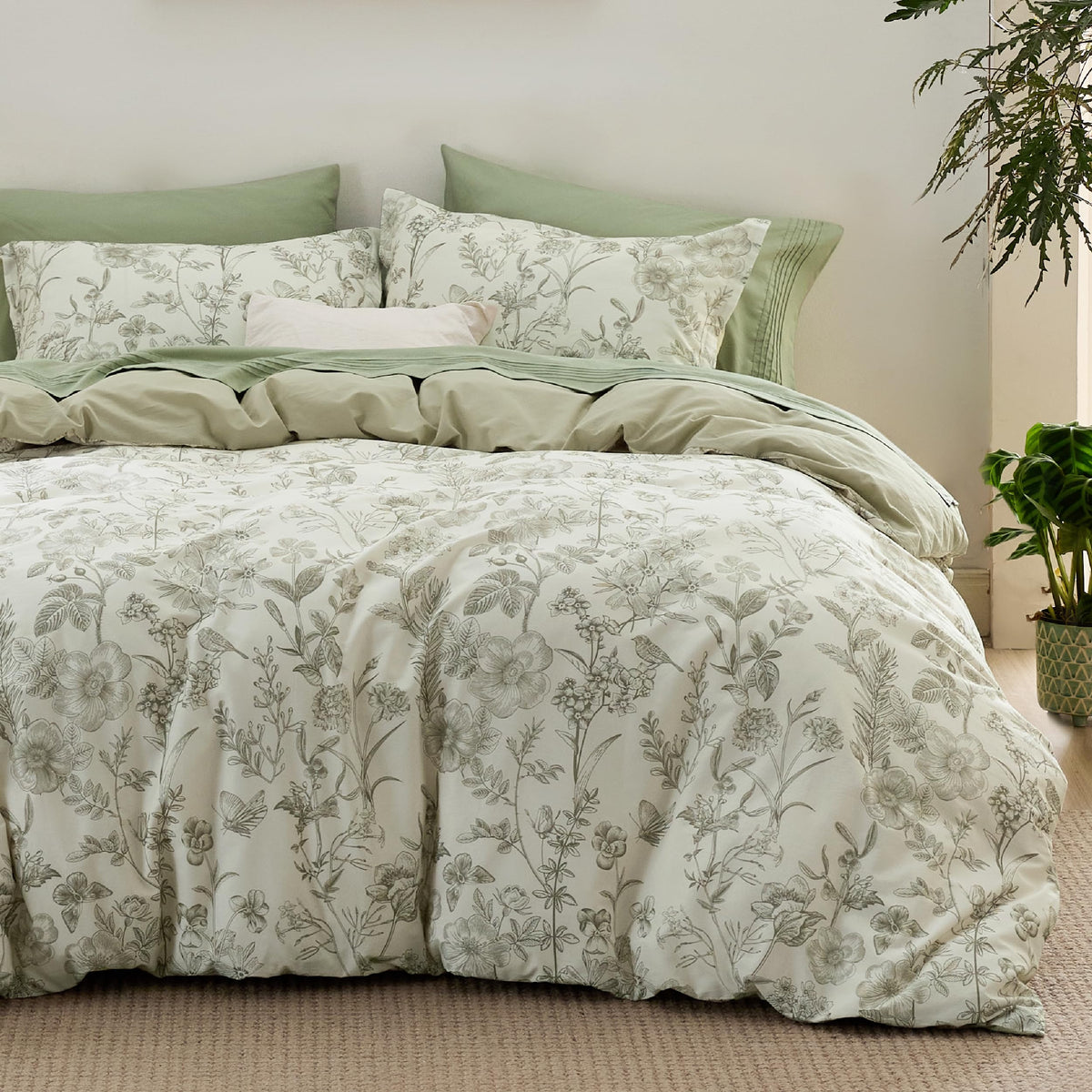 Bedsure PureWoven 100% Cotton Floral Duvet Cover Set, Queen, Green Garden